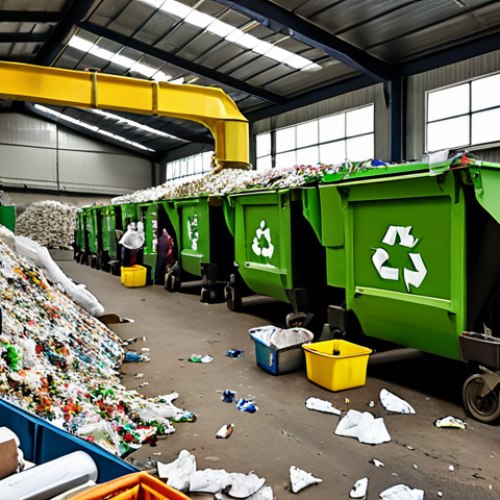 Home 15 **
A bustling waste sorting facility with workers and automated machinery separating recyclable materials like plastic bottles, paper, glass, and metal. Focus on the organized chaos and the sheer volume of waste being processed. Add Arabic script on signs indicating recycling categories.
**
