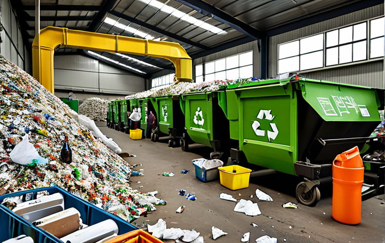 **
A bustling waste sorting facility with workers and automated machinery separating recyclable materials like plastic bottles, paper, glass, and metal. Focus on the organized chaos and the sheer volume of waste being processed. Add Arabic script on signs indicating recycling categories.
**