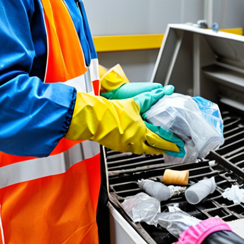Home 14 **"Safety First: A person wearing safety glasses and protective gloves while handling waste. Focus on clear visibility and secure grip."**