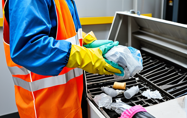 **"Safety First: A person wearing safety glasses and protective gloves while handling waste. Focus on clear visibility and secure grip."**