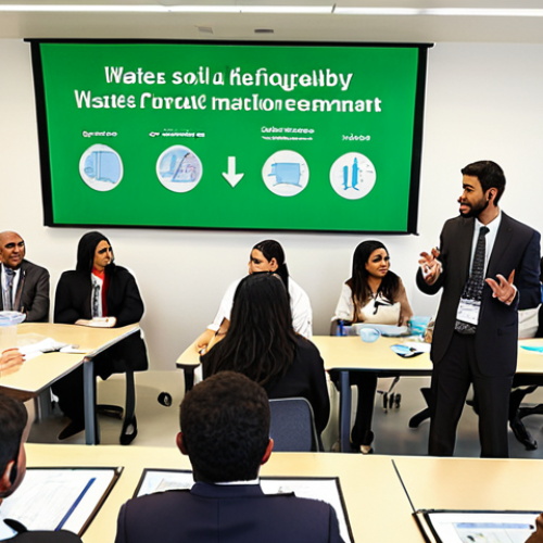 Home 7 **
A diverse group of people (including men and women in professional attire and traditional clothing) participating in a waste management training workshop in a modern, brightly lit conference room. Focus on the interaction and engagement of the participants as they learn about different types of waste (solid, liquid, hazardous, medical) and modern waste treatment technologies, possibly with a screen showing infographics in Arabic. The overall tone is positive and empowering, showing individuals taking charge of environmental responsibility.
**