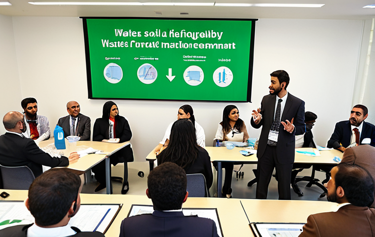 **
A diverse group of people (including men and women in professional attire and traditional clothing) participating in a waste management training workshop in a modern, brightly lit conference room. Focus on the interaction and engagement of the participants as they learn about different types of waste (solid, liquid, hazardous, medical) and modern waste treatment technologies, possibly with a screen showing infographics in Arabic. The overall tone is positive and empowering, showing individuals taking charge of environmental responsibility.
**