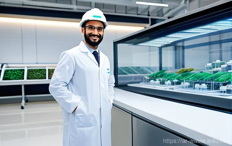 폐기물처리사 자격증 대비 전략 - **Prompt: "A confident young Arab professional, male or female, wearing a crisp, modest white lab co...