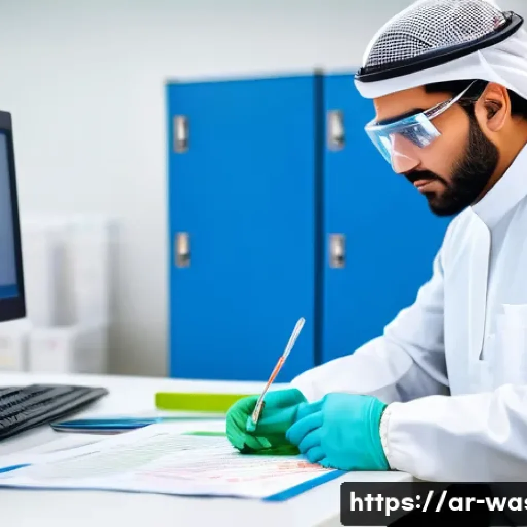 폐기물처리기사 필기와 실기 시험 비교 - A professional Arab waste management engineer in a modern laboratory setting, wearing safety glasses...