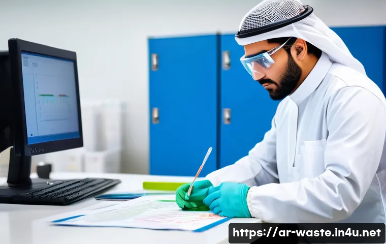 폐기물처리기사 필기와 실기 시험 비교 - A professional Arab waste management engineer in a modern laboratory setting, wearing safety glasses...