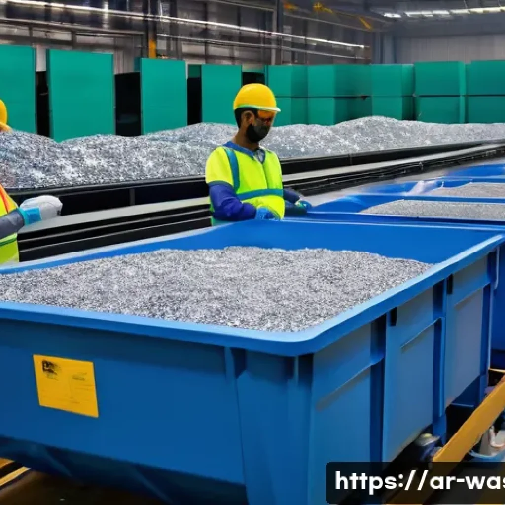 폐기물 처리과정 일기 - A detailed scene at an advanced waste recycling facility in an Arabic city, showcasing a combination...
