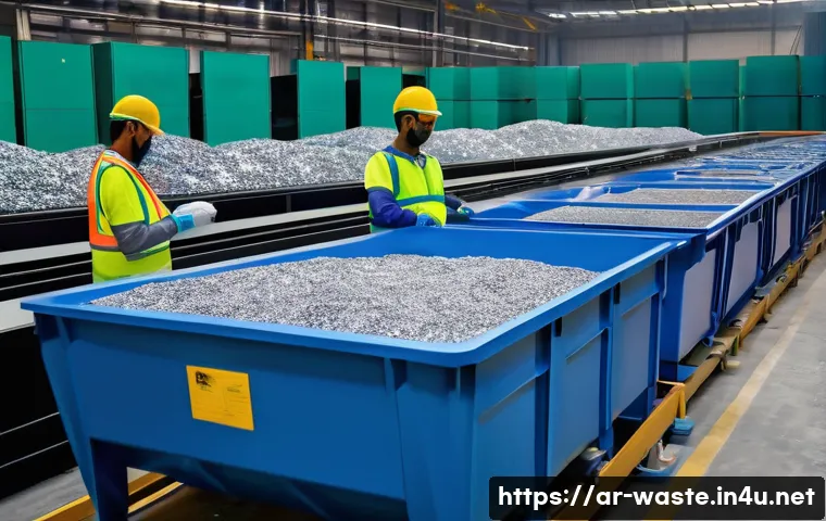 폐기물 처리과정 일기 - A detailed scene at an advanced waste recycling facility in an Arabic city, showcasing a combination...