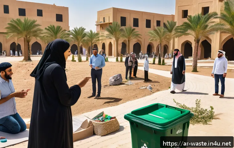 폐기물처리 분야에서 요구되는 소프트 스킬 - A diverse group of Arab community members gathered in a modern urban park in the Middle East, active...