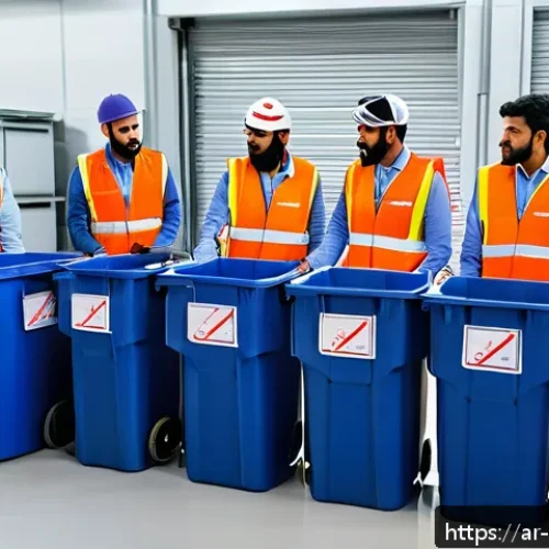 폐기물처리 공무원 시험 대비법 - A modern Middle Eastern waste management training center with Arabic signage, showing a diverse grou...