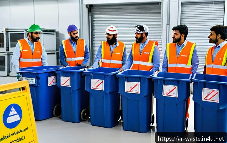 폐기물처리 공무원 시험 대비법 - A modern Middle Eastern waste management training center with Arabic signage, showing a diverse grou...