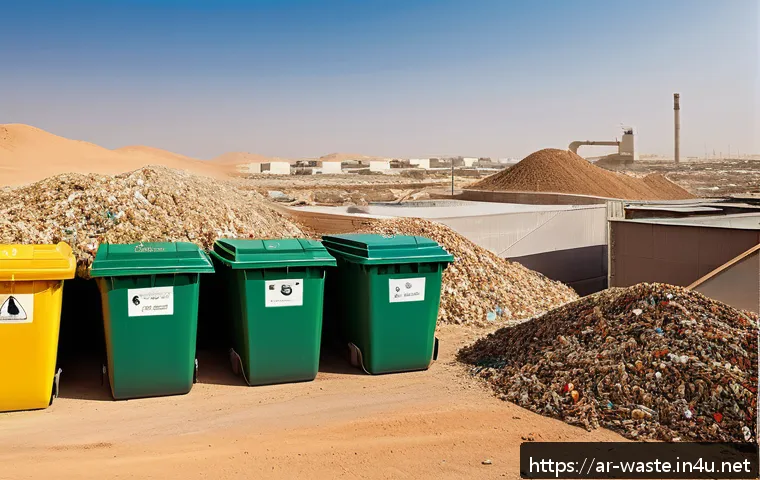폐기물처리기사 필기시험 합격률 높이는 팁 - A detailed, realistic illustration of a modern waste management facility in the Middle East, showing...