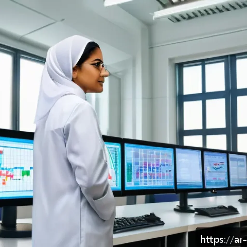 폐기물처리 시험 직후 후기 작성법 - A detailed professional laboratory setting in the Middle East, showing a female Arab environmental s...