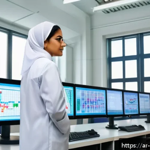 폐기물처리 시험 직후 후기 작성법 - A detailed professional laboratory setting in the Middle East, showing a female Arab environmental s...