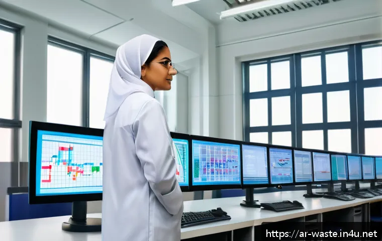 폐기물처리 시험 직후 후기 작성법 - A detailed professional laboratory setting in the Middle East, showing a female Arab environmental s...