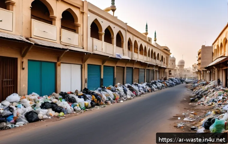 폐기물처리 관련 민원 처리 방법 - A detailed street scene in a Middle Eastern neighborhood at dusk, showing a row of traditional beige...